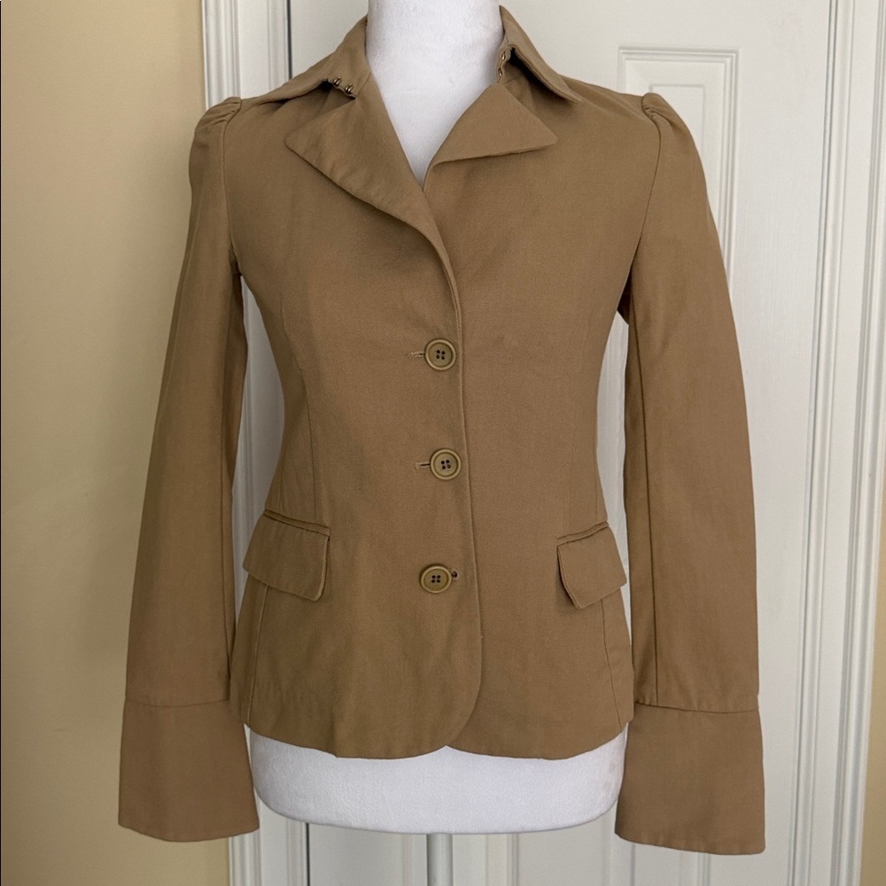 Theory Cotton 3 Button Blazer Pockets Wide Cuffs Career ware Tan Safari USA made